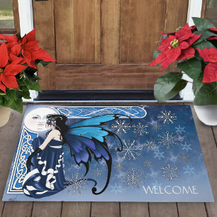Celtic Winter Moon Fairy Blue Snowflakes Fantasy Doormat