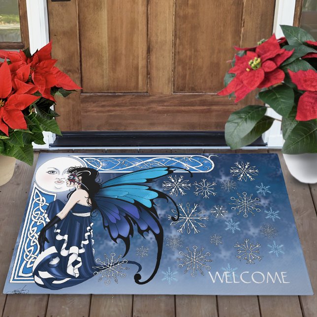 Celtic Winter Moon Fairy Blue Snowflakes Fantasy Doormat (Creator Uploaded)