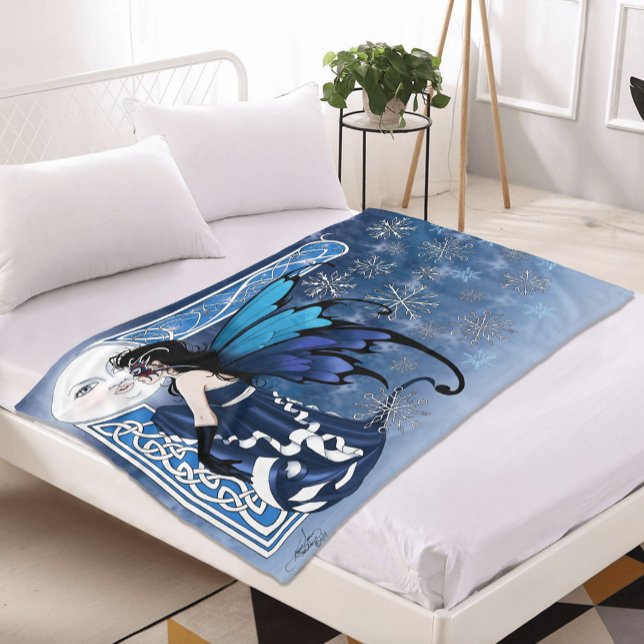 Celtic Winter Moon Fairy Blue Snowflakes Fantasy Fleece Blanket (Creator Uploaded)