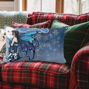 Celtic Winter Moon Fairy Blue Snowflakes Fantasy Lumbar Pillow