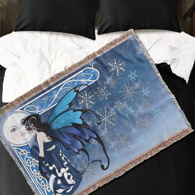 Celtic Winter Moon Fairy Blue Snowflakes Fantasy Throw Blanket (Creator Uploaded)