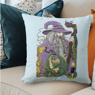 Celtic Wizard Dragon Purple Fantasy Throw Pillow