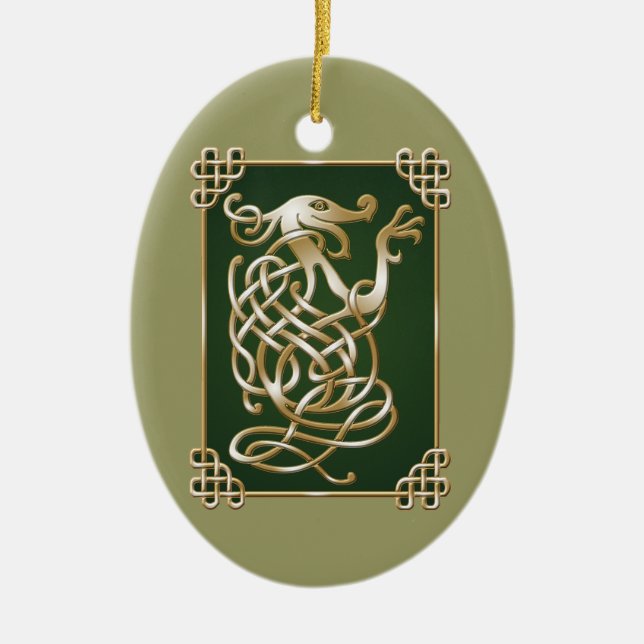 Celtic Wolf - Green Background Ceramic Ornament (Front)