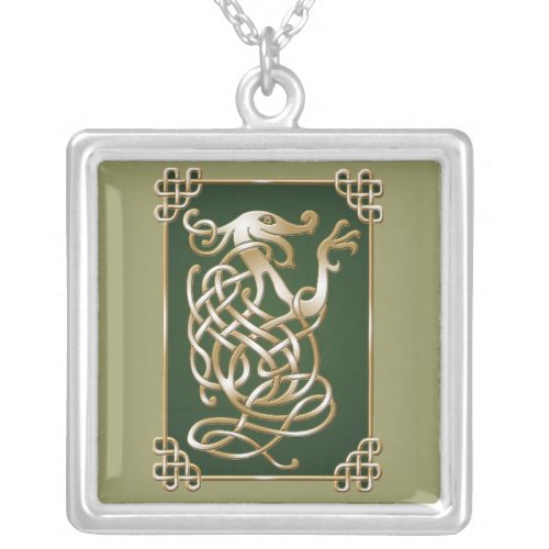 Celtic Wolf _ Green Background Silver Plated Necklace
