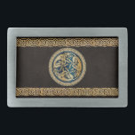 Celtic Wolf Knotwork Triad Belt Buckle<br><div class="desc">Celtic Wolf Knotwork Triad Design Richly intertwined Celtic knots creating the shape of a wolf and surrounded by a wreath of knots, in turn framed in more intricate patterns. A great piece of culture, history and heritage, all over a background of dark brown (chocolate) simulated old leather. For ancient Celts,...</div>