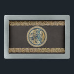 Celtic Wolf Knotwork Triad Belt Buckle<br><div class="desc">Celtic Wolf Knotwork Triad Design Richly intertwined Celtic knots creating the shape of a wolf and surrounded by a wreath of knots, in turn framed in more intricate patterns. A great piece of culture, history and heritage, all over a background of dark brown (chocolate) simulated old leather. For ancient Celts,...</div>