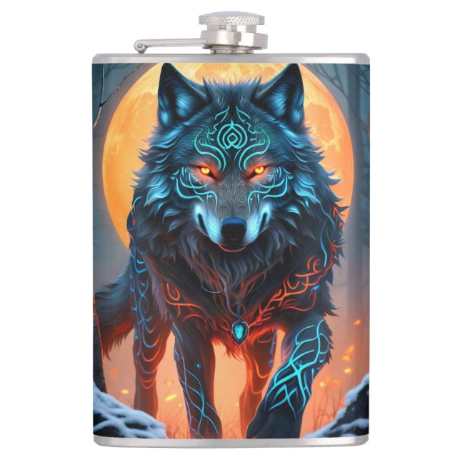 Celtic Wolf Moonlit Forest Flask (Front)