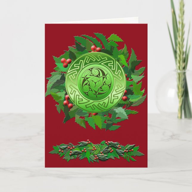 Celtic Yule Spiral with Holly Holiday Card (Front)