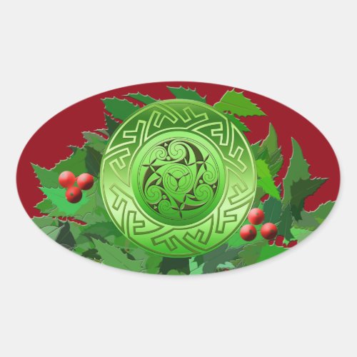 Celtic Yule Spiral with Holly Oval Sticker