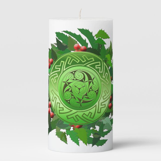  Celtic Yule Spiral with Holly Pillar Candle (Front)