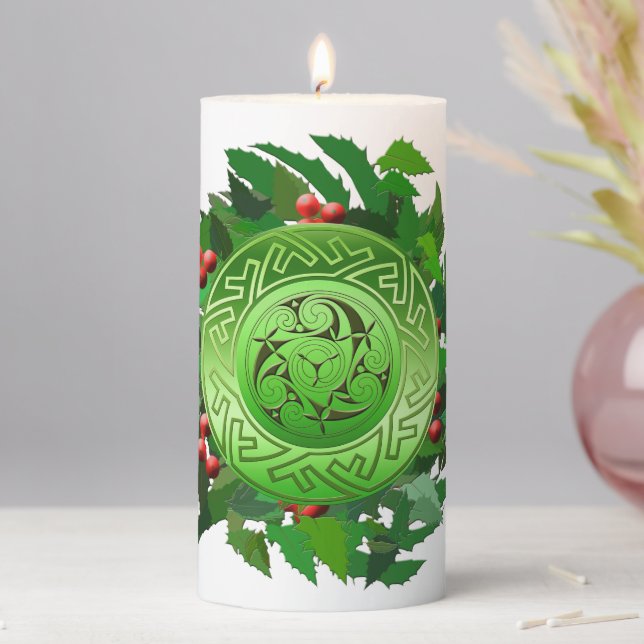  Celtic Yule Spiral with Holly Pillar Candle (In Situ)