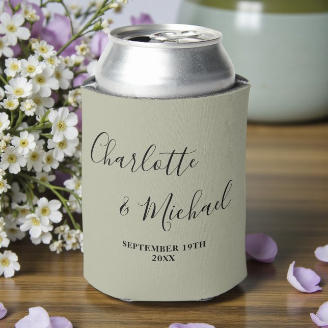 Cement Grey Script Minimalist Wedding Can Cooler (Creator Uploaded)