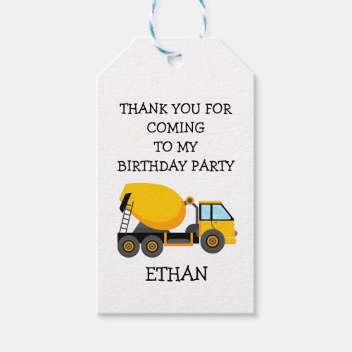 Cement Truck Childs Birthday Party White Gift Tags