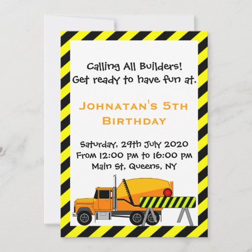 Cement Truck Construction Birthday Invitation