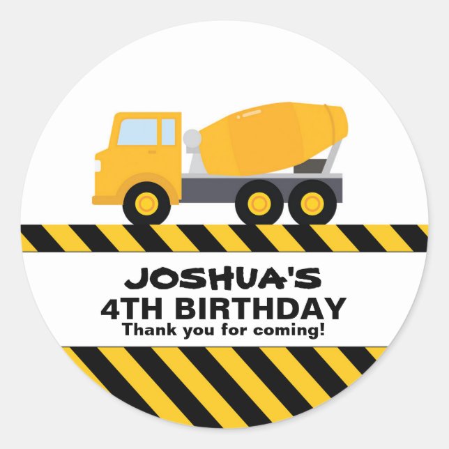 Cement Truck Construction Birthday Party Favor Classic Round Sticker (Front)