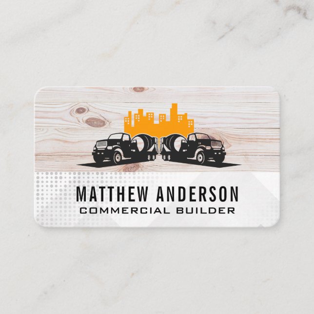 Cement Trucks | Wood Metal | Construction Builders Business Card (Front)