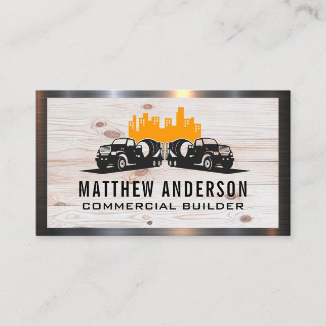 Cement Trucks | Wood Metal | Construction Business Card (Front)