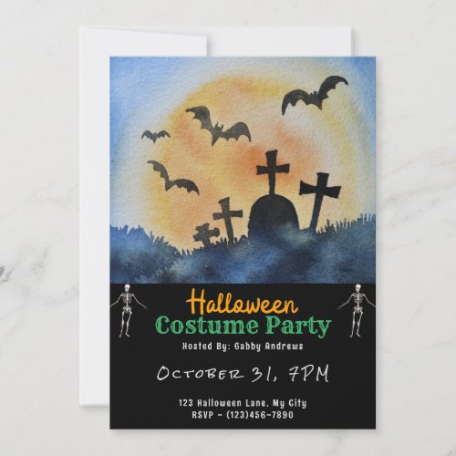 Cemetery Graves Bats Full Moon Black Halloween Invitation