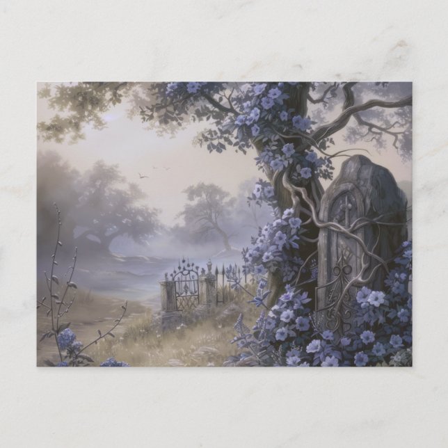 Cemetery Graveyard Blue Floral Beautiful Halloween Holiday Postcard (Front)
