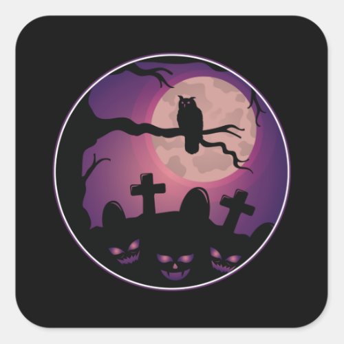 Cemetery Pumpkin Owl Moon Scary Fun Halloween Gift Square Sticker