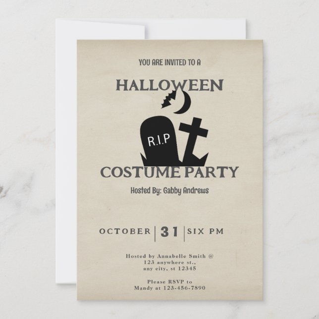 Cemetery RIP Bat Crescent Moon Vintage Halloween Invitation (Front)