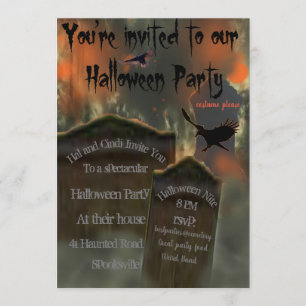 Cemetery Tombstones Blackbird Vulture Misty Spooky Invitation