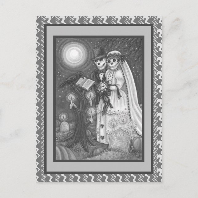 CEMETERY VOWS, SKELETON WEDDING, BRIDE AND GROOM POSTCARD (Front)