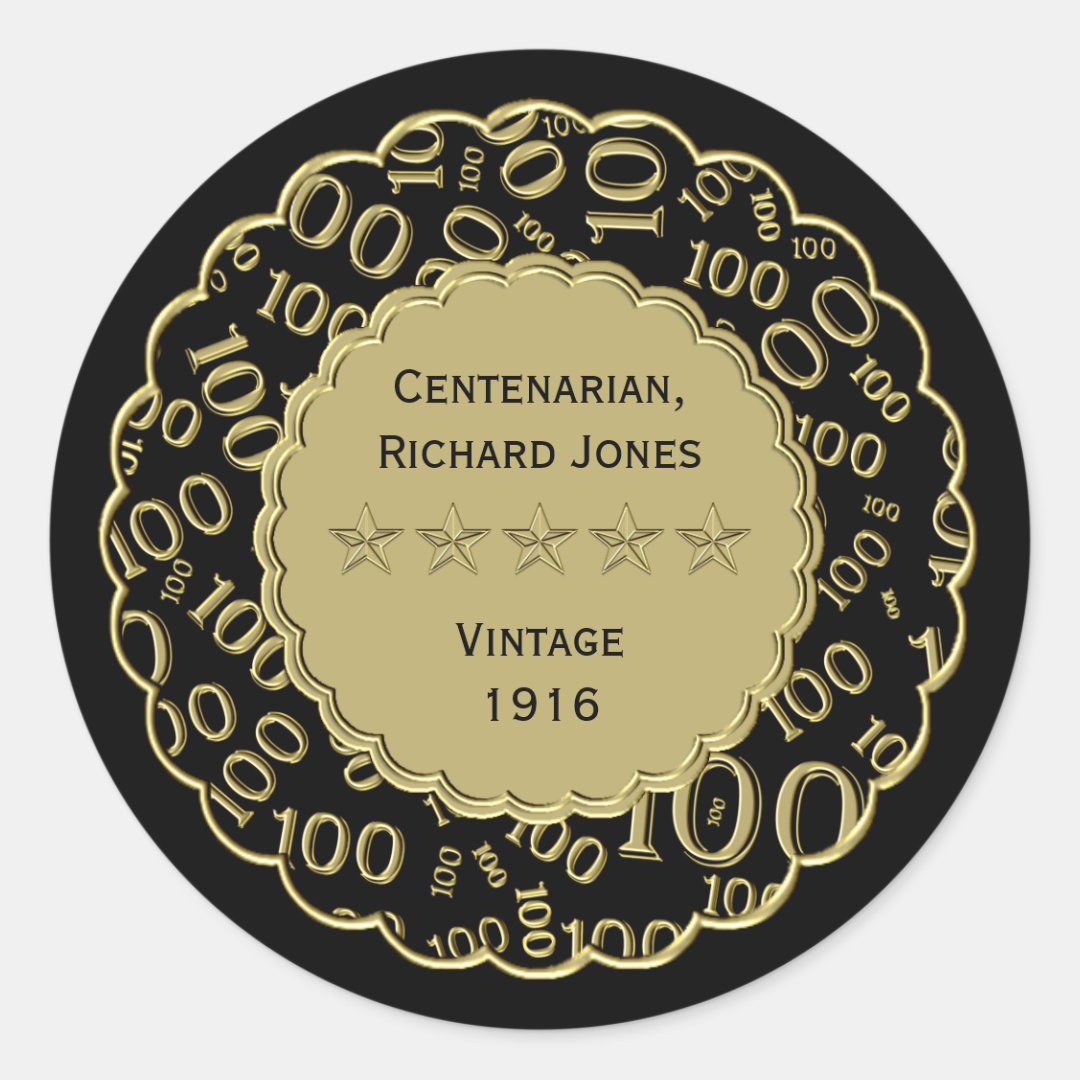 Centenarian 100th Birthday Black and Gold Theme Classic Round Sticker
