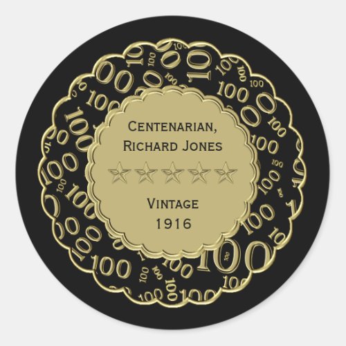 Centenarian 100th Birthday Black and Gold Theme Classic Round Sticker