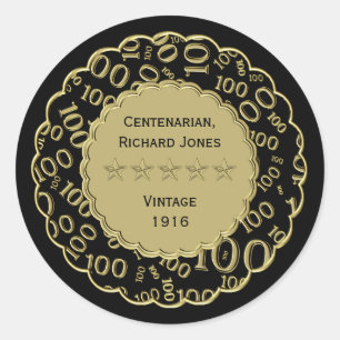 Centenarian 100th Birthday Black and Gold Theme Classic Round Sticker