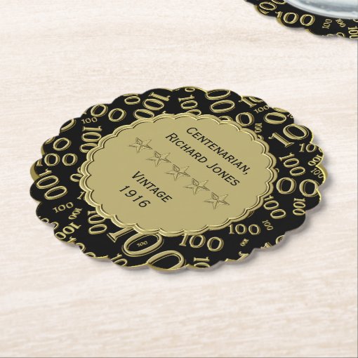 Centenarian 100th Birthday Black And Gold Theme Paper Coaster | Zazzle