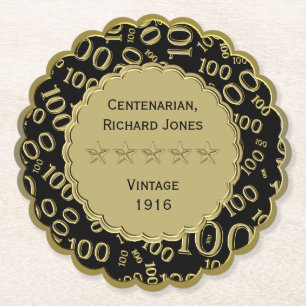 Centenarian 100th Birthday Black and Gold Theme Paper Coaster
