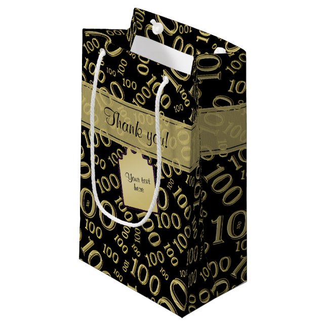 Centenarian 100th Birthday Black/Gold Pattern Small Gift Bag (Front Angled)
