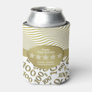 Centenarian, 100th Birthday Gold and White Pattern Can Cooler