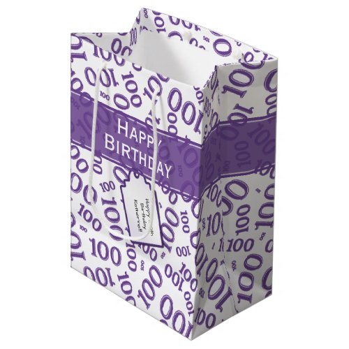 Centenarian 100th Birthday Purple Number Pattern Medium Gift Bag