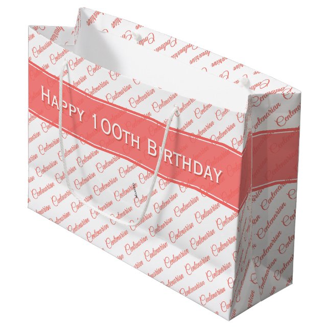 Centenarian Coral/White Typography Pattern - 100th Large Gift Bag (Front Angled)