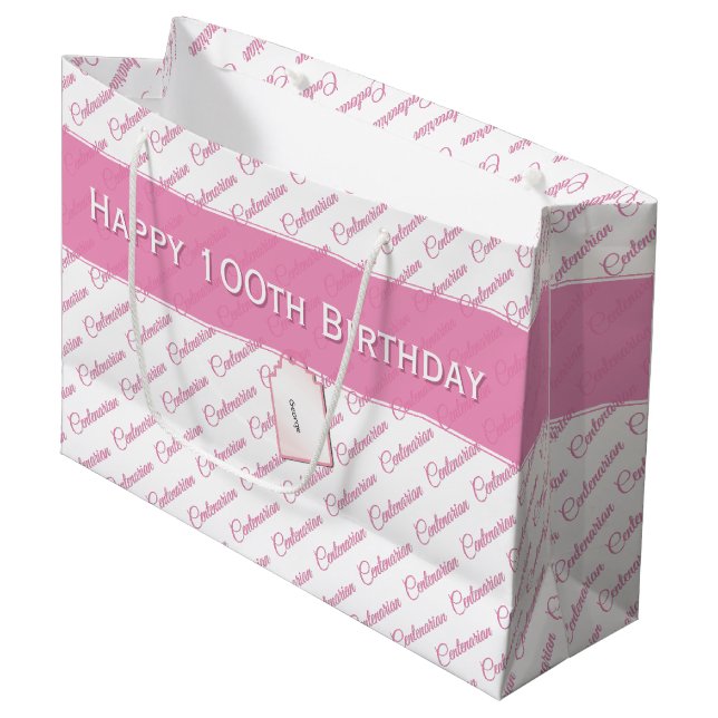 Centenarian Pink/White Typography Pattern - 100th Large Gift Bag (Front Angled)