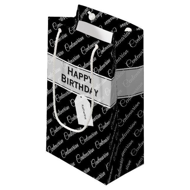 Centenarian Typography Pattern Black/White Name Small Gift Bag (Front Angled)