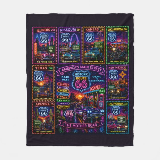 Centennial Mother Road Neon Stamp Fleece Blanket (Front)