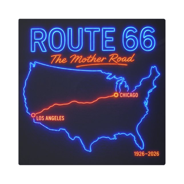 Centennial Neon Style Mother Road Map Metal Print (Front)