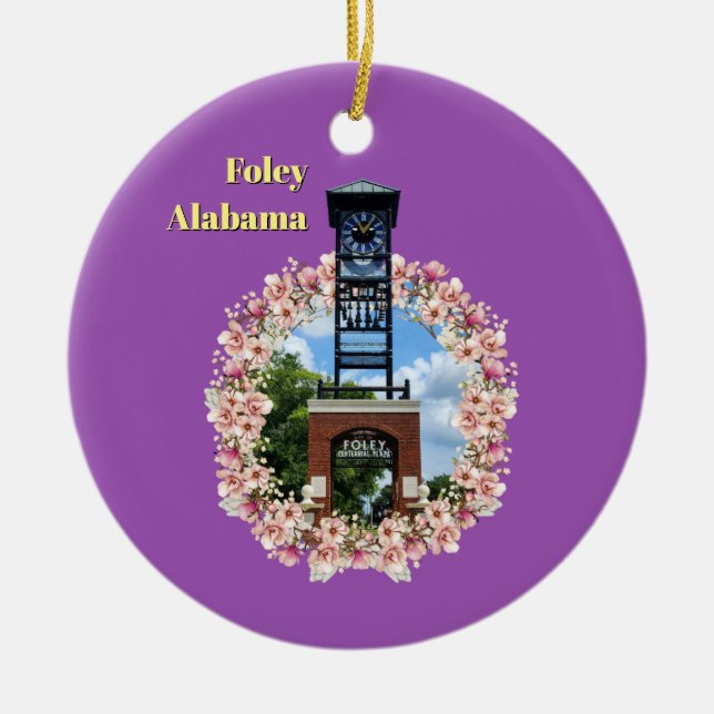 Centennial Plaza Clock, Foley Alabama Purple Shade Ceramic Ornament (Front)