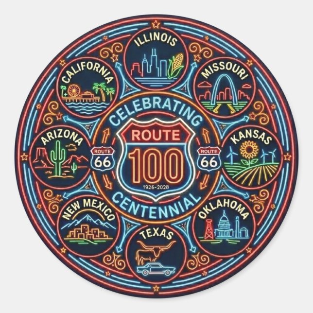 Centennial Route 66 Neon Decal Classic Round Sticker (Front)