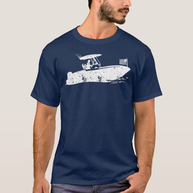 Center Console Boat American Flag Motorboat Boat T-Shirt (Front)