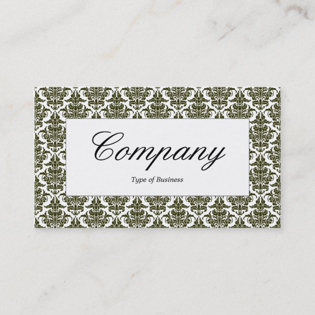 Center Label - Dark Olive Damask Business Card (Front)