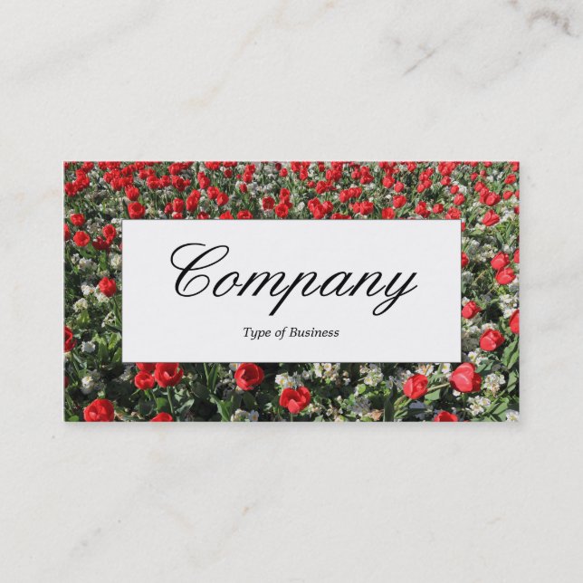Center Label - Red Tulips and Primroses Business Card (Front)