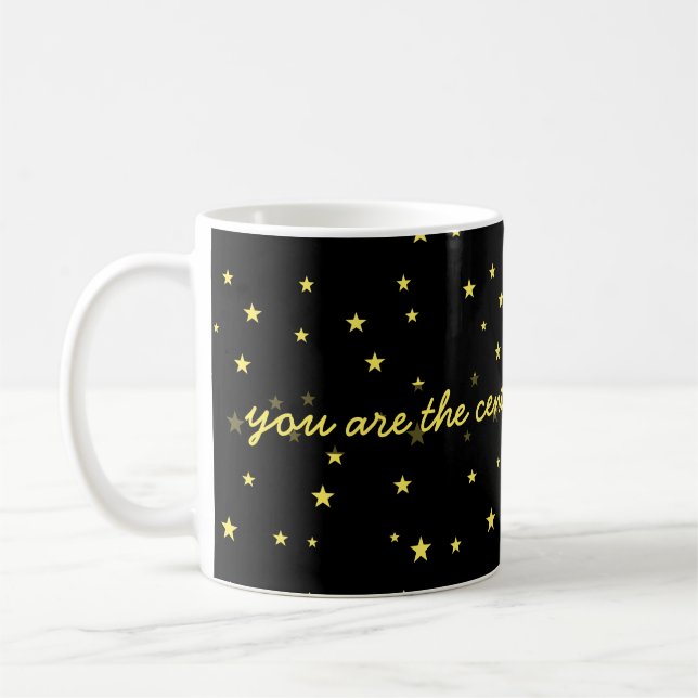 center of my universe, yellow stars on black coffee mug (Left)