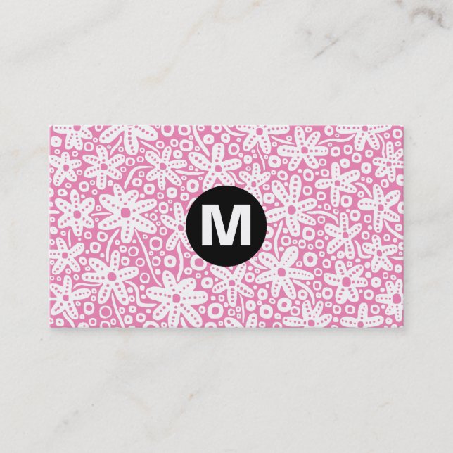 Center Spot Monogram - Flower Design - Pink ef84b4 Business Card (Front)