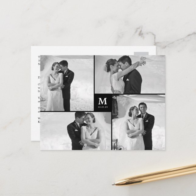 Center Square Monogram Wedding Photo Thank You Postcard (Front/Back In Situ)
