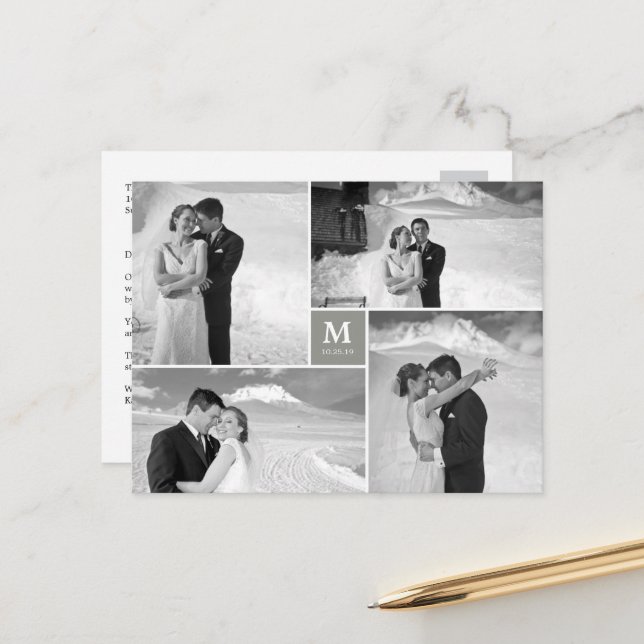 Center Square Monogram Wedding Photo Thank You Postcard (Front/Back In Situ)