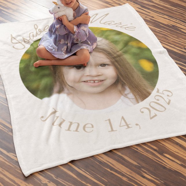 Centered Circle & Script Fleece Blanket (Fleece blanket with ivory base, circle photo center, script name above, and curved date below.)